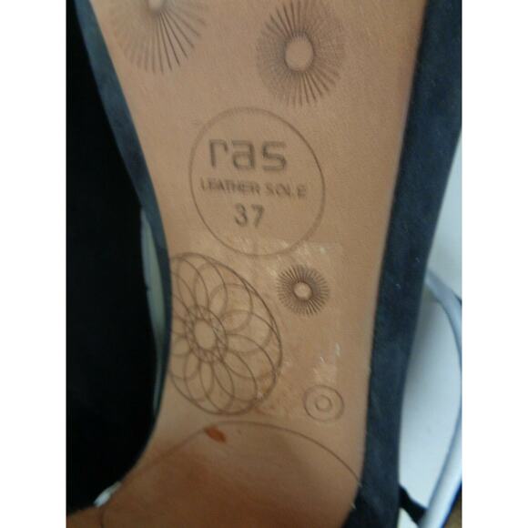 ras 6.5M Black / White Peep Leather Peep Toe Mary Jane Platform Wood Heel Shoes - Picture 9 of 9